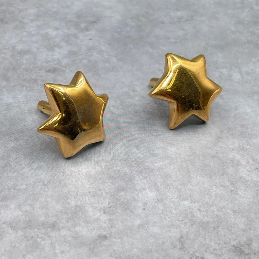 Vintage Chunky Shiny Gold Tone Clip-Back Puffed Star Cuff Links